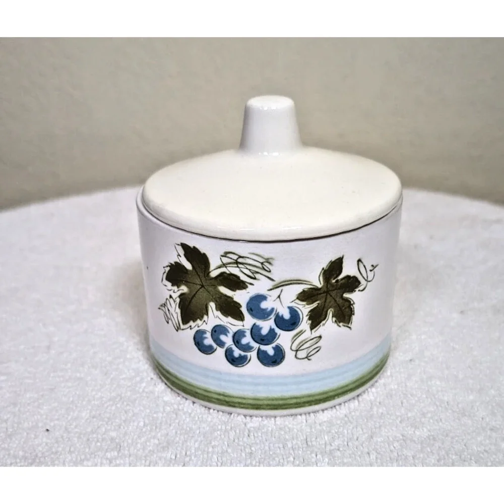 Harmony House, Blue Grapes, Ironstone, Mid Century Modern, Covered Sugar Bowl
